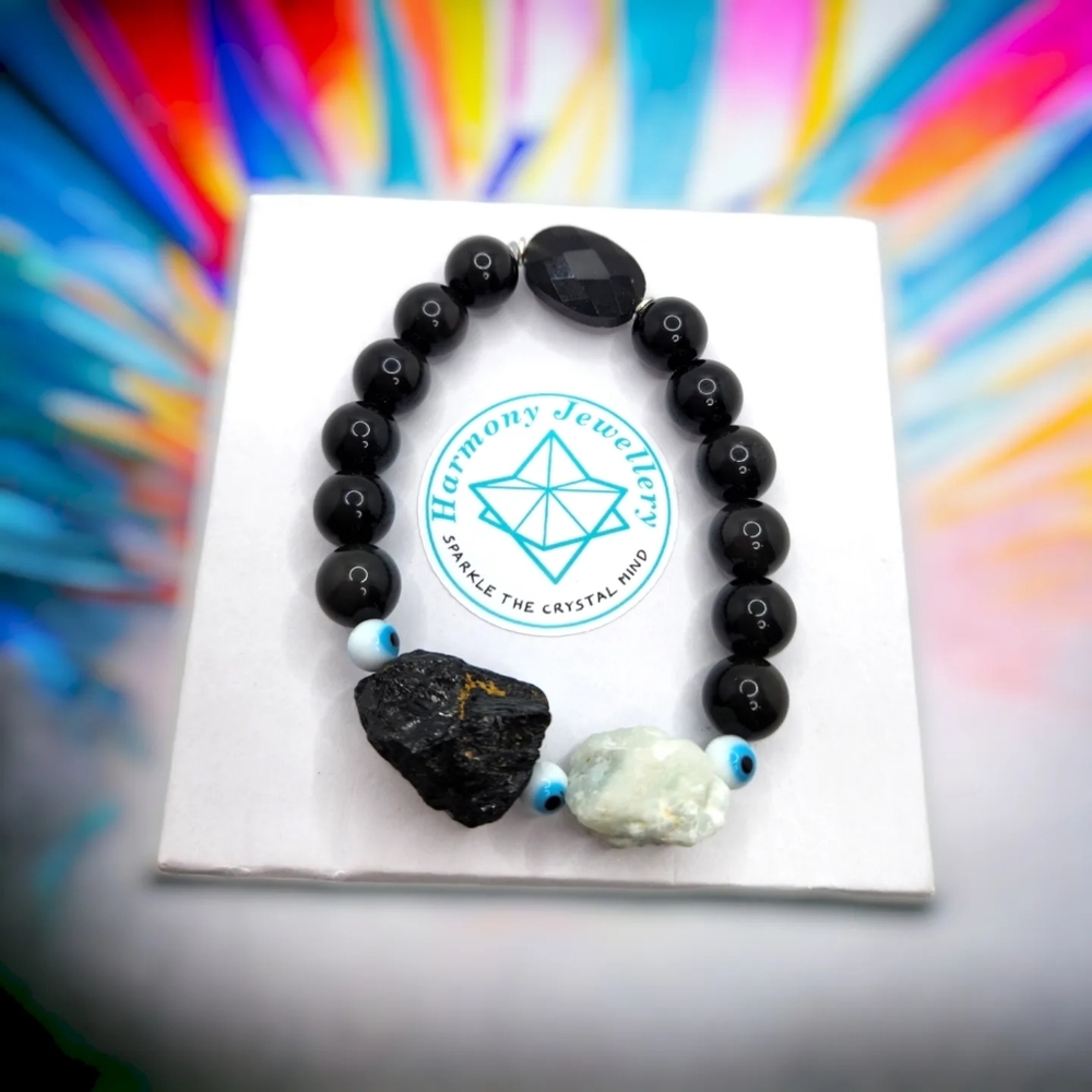 Black Obsidian, Amazonite, Evil Eye Bracelet 10 mm